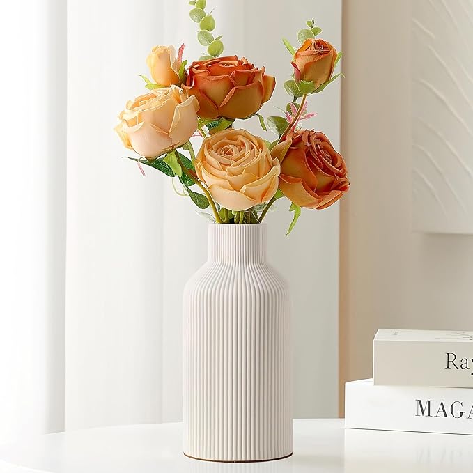 Mfacoy White Ceramic Flower Vase, Minimalist Decor, Modern Home Decorative Vase, Small Pampas Grass Vases For Kitchen, Bedroom, Office, Living Room, Bathroom, Shelf Centerpiece Table Decorations(8 in)