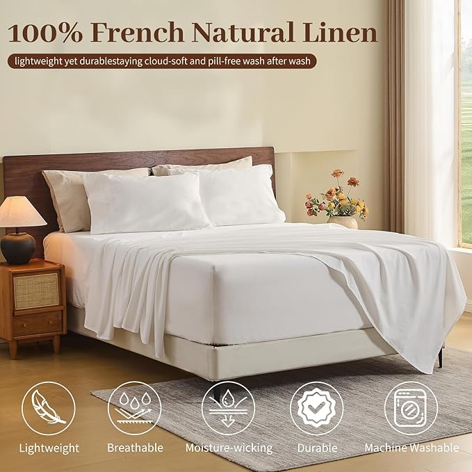 MEISHANG 100% French Pure Linen Sheets Queen Size - Extra Deep Pocket Sheet Set, Soft Durable Flax Linen, Anti-Tear Breathable & Oeko-Tex Certified 18-24 Deep Pocket,All Season(White)