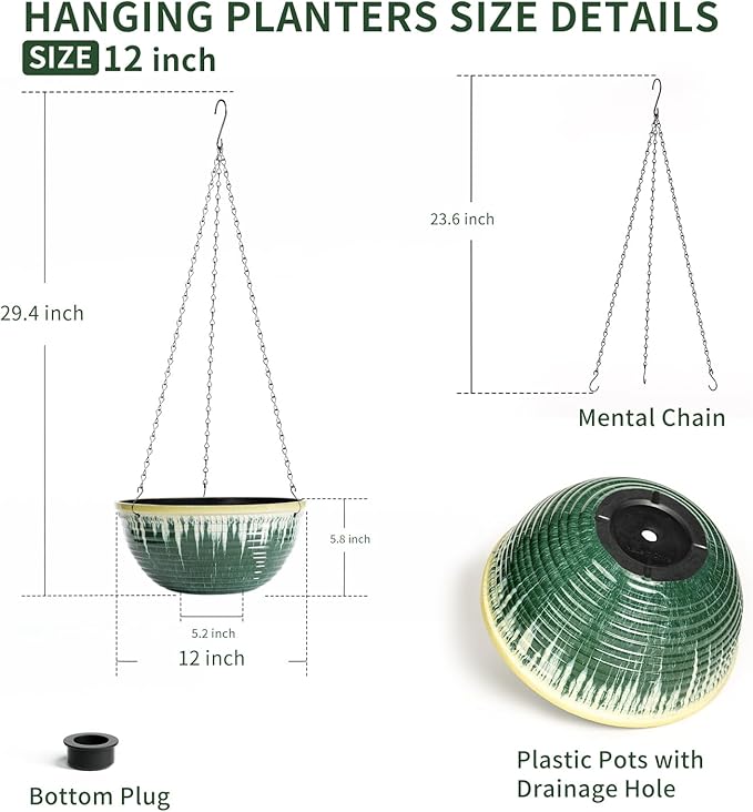 12 inch Large Hanging Planters for Indoor Outdoor Plants, Set of 2 Glazed Hanging Flower Pots with Drainage Hole, Hanging Baskets for Garden Home Porch Decor