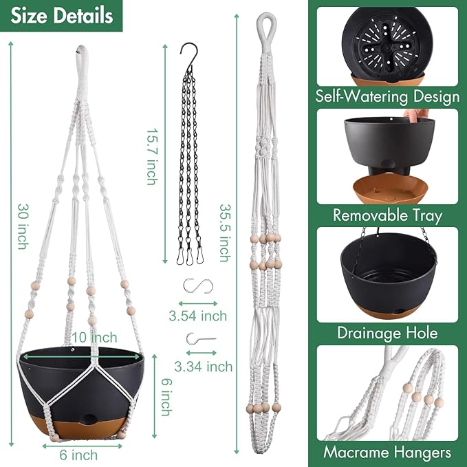 Set of 2-10 Inch Hanging Planters for Indoor Plants with Self-Watering Includes Hanging Pots for Plants, Outdoor Hanging Plant Pot with Drainage, and 2 Types of Hanging Baskets Hangers (Black, 10inch)