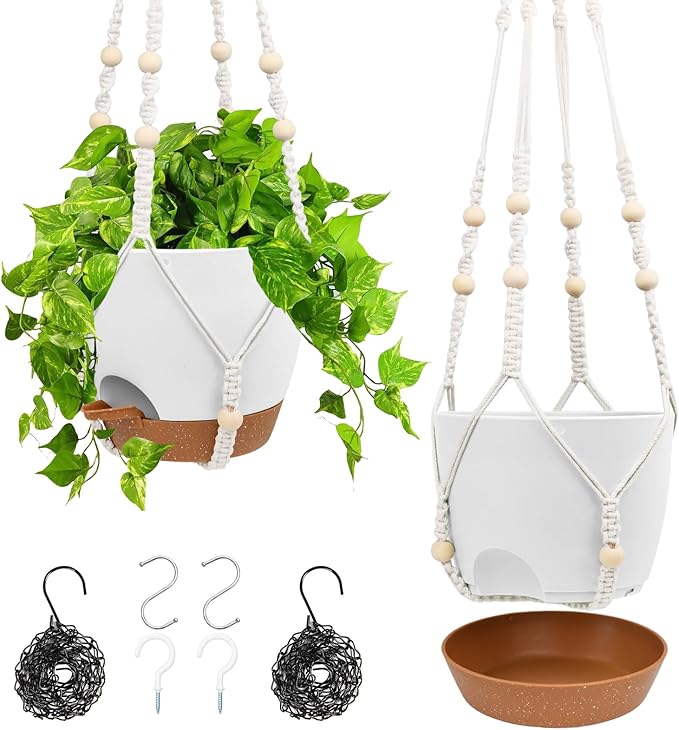 Hanging Planters for Indoor Outdoor Plants, 2 Pack Self Watering Hanging Pots, Hanging Plant Baskets with Drainage Holes & 2 Types of Plant Hangers (White, 6'')