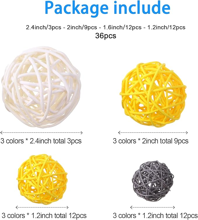 Patelai 36 Pcs Wicker Rattan Balls Decorative Balls for Vase Centerpiece Bowls Orbs Filler for Home Decor,4 Sizes(Yellow, Gray, White)