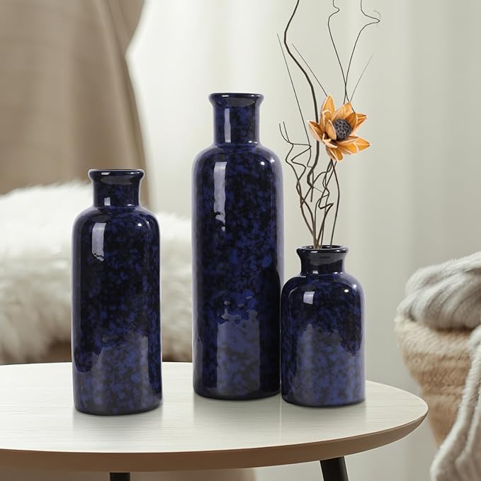 Small Blue Ceramic Vase Set of 3, Boho Modern Flower Vase Room Decor, Farmhouse Decor, Vases for Your Kitchen, Bathroom, Bedroom, Living Room, Office&Shelf Centerpiece Table Decorations