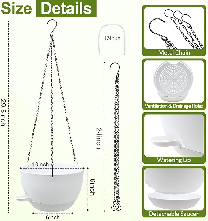 WOUSIWER Self Watering Hanging Planters, 2 Pack 10'' Plastic Pots with Drainage Holes & Reservoir Tray (White) | Indoor & Outdoor Use for Ferns, Ivy, Herbs, Succulents