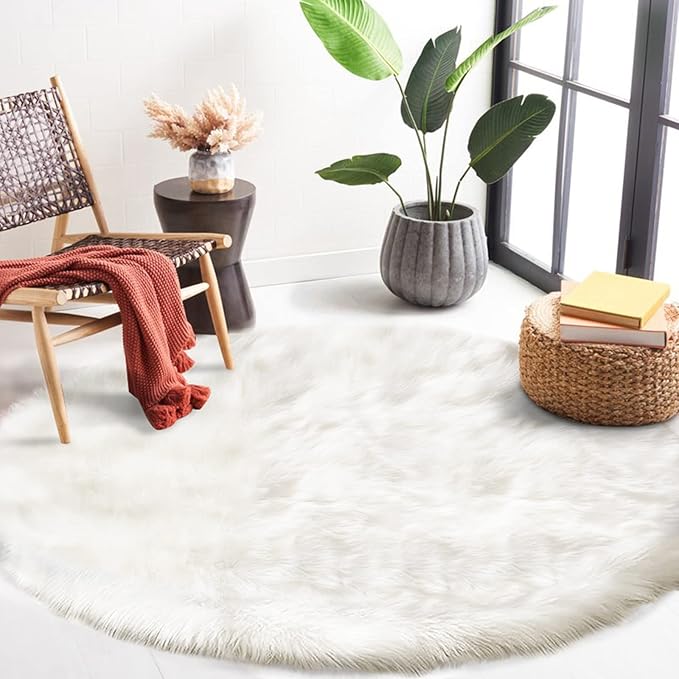 Latepis White Round Rug 6.7 ft, Faux Fur Sheepskin Circle Rug for Living Room, Fluffy Washable Rug for Bedroom, Teen Room, Dorm, Cute Room Décor