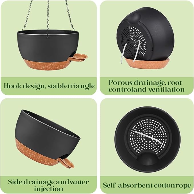 10 Inch Hanging Planters with Chains 2 Pack Self Watering Black Brown Plastic Hanging Pots for Indoor Outdoor Plants, Garden Porch Home Decor (Black Brown)