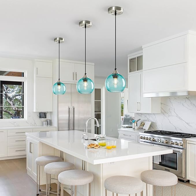 Light Blue Glass Pendant Lights Kitchen Island Globe Pendant Light Fixtures Modern Pendant Lighting for Bedroom Living Dining Room Light Fixture (5.9 in, 3 Pack)