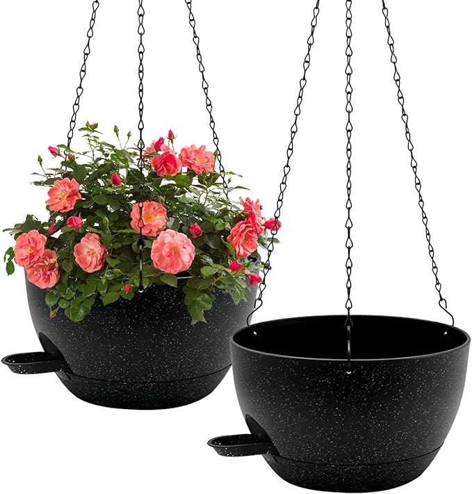 WOUSIWER Self Watering Hanging Planters, 2 Pack 10'' Plastic Pots with Drainage Holes & Reservoir Tray (Speckled Black) | Indoor & Outdoor Use for Ferns, Ivy, Herbs, Succulents