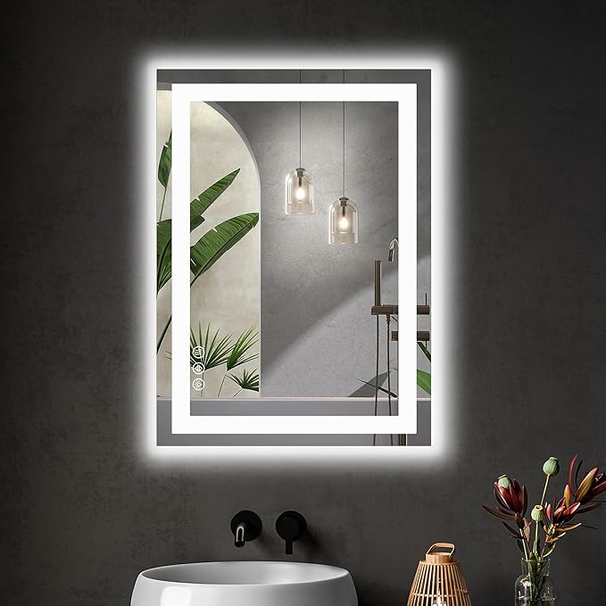 Sweetcrispy 28"x 20" Rectangle LED Bathroom Mirror with Front Light and Backlit, Smart Memory Functionr - Enhanced Anti-Fog Feature, Pure White