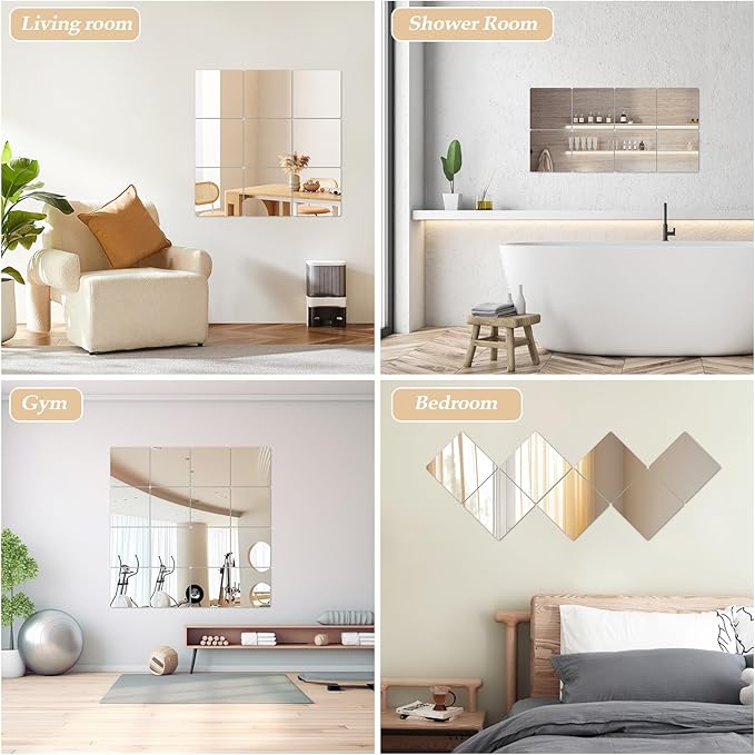 Abyssaly 10 Pack Acrylic Mirror Tiles, Stick on Mirrors for Wall, Flexible Plastic Mirror Sheets Wall Stickers Small Espejos for Bedroom Home Gym Door, 7.87" x 7.87"