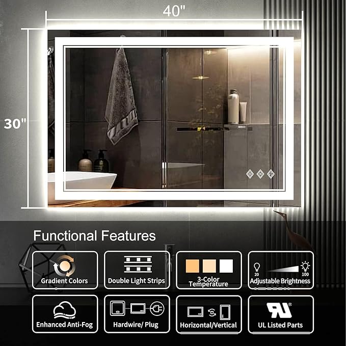 Lighted Bathroom Mirror, 40x30 Inch Gradient Front and Backlit LED Bathroom Mirror, 3 Colors Dimmable CRI>90 Double Lights, Enhanced Anti-Fog, Hanging Plates Wall Mount LED Mirror