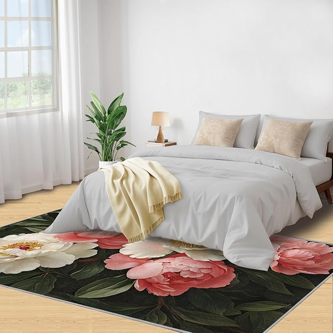 Rustic Flowers Washable Area Rug 5x8, Peony Soft Rugs for Living Room Petals Carpet Area Rugs for Bedroom Dining Room Non-Slip Stain Resistant Rug