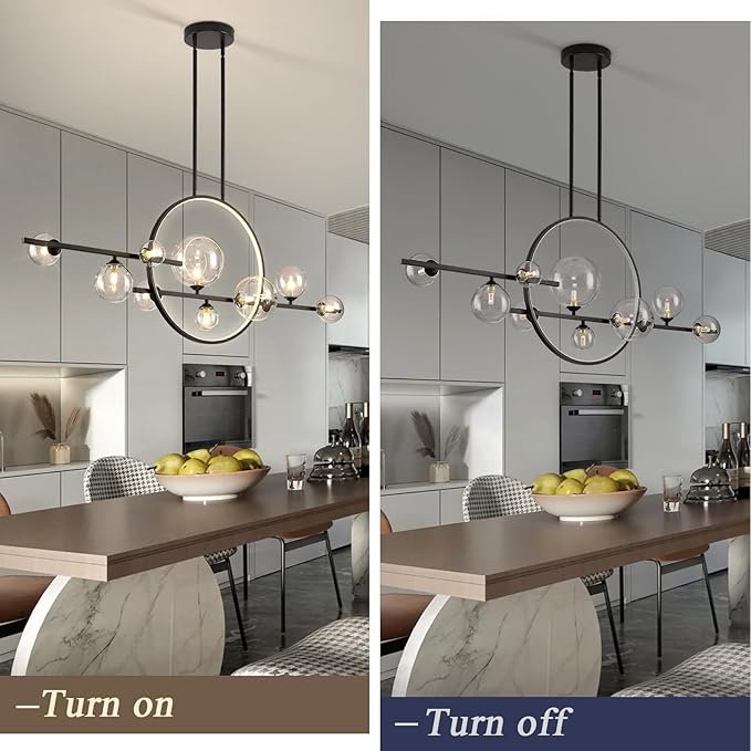 10 Lights Modern Pendant Light Fixtures, 54" Black Dimmable Mid-Century Dining Room Large Bubble Chandeliers, Linear Kitchen Island Lights with Spherical Clear Glass Shade for bar, Cafe