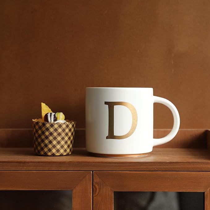 COLLECTIVE HOME - Monogram Ceramic Mugs, 15 oz Golden Initial Coffee Cups, Elegant Alphabet Tea Mugs, Elegant Personalized Mug with Gift Box, Unique Mug with Double Side Capital Letter (D)