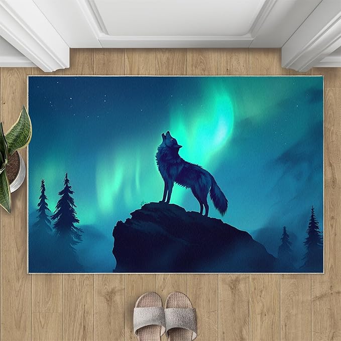 Wolf 5x8 Area Rugs for Living Room -Forest Washable Rug Aurora Non-Slip Carpet Indoor Floor Stain Resistant Thin Carpets for Bedroom Dining Room Home Office