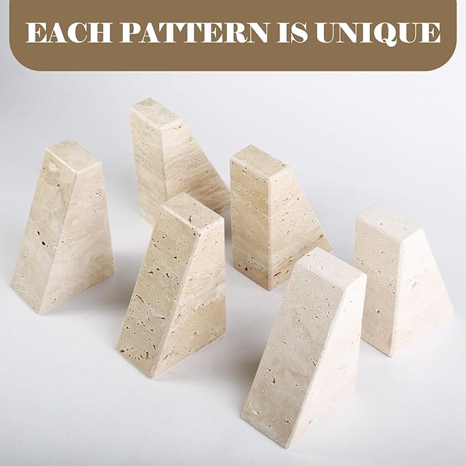 Travertine Bookends for Heavy Books, Marble Decorative Bookends for Shelves, Heavy-Duty Stone Book Ends for Hardback Book & Cookbooks, Unique Book Stopper & Holder, Travertino Italy