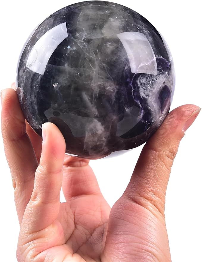 JIC Gem Natural Colorful Fluorite Crystal Sphere with Wooden Stand,Decorative Crystal Ball Fluorite Gemstone Sphere for Meditation,Feng Shui,Witch-Style Decor,Table 80-90mm