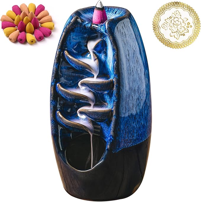INONE Ceramic Incense Burner with 100 Upgraded Cones, Waterfall Backflow Incense Holder, Aromatherapy Ornament, Zen Decor, Home Decor, Room Decor (Blue)