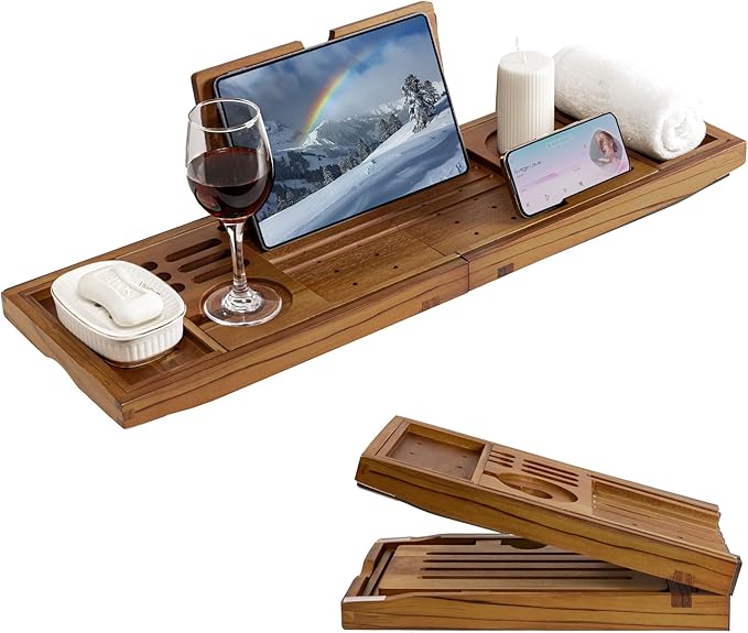Luxury Teak Bathtub Tray - Foldable Bath Caddy with Expandable Handles, Wine Glass & Phone Holder, Book Stand - Enhance Home Spa Experience with Natural Material - Relaxing & Reading, Teak