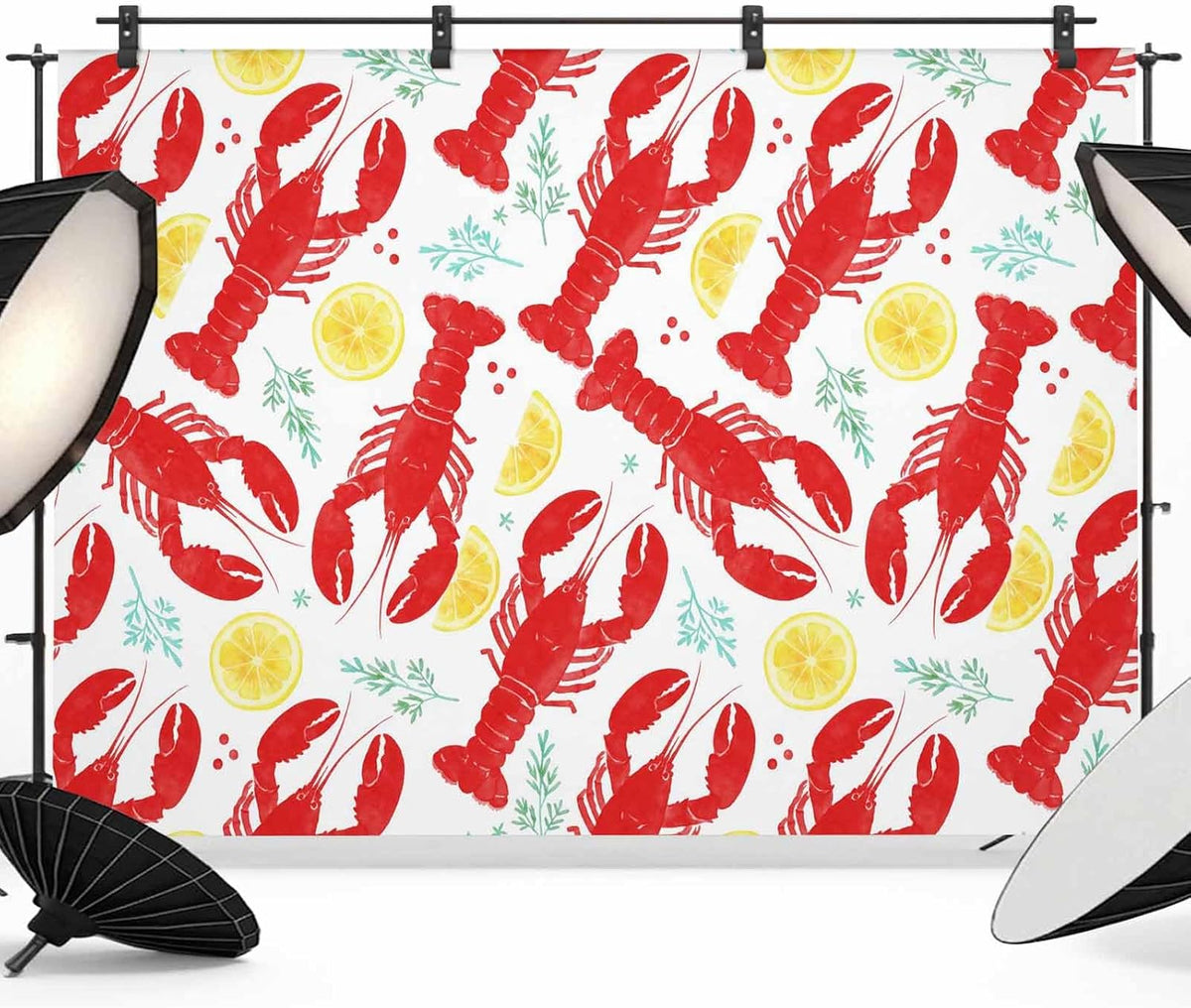 Generic Summer 12 8 Fruit Photo Backdrop for Photoshoot, x FT Red Lobsters Watercolor Lemon Slices Green Leaves Photo