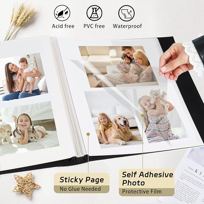 RECUTMS Scrapbook Photo Album 11x11 Black Button Grain Leather Cover DIY 4x6 5x7 8x10 Photos of Any Size