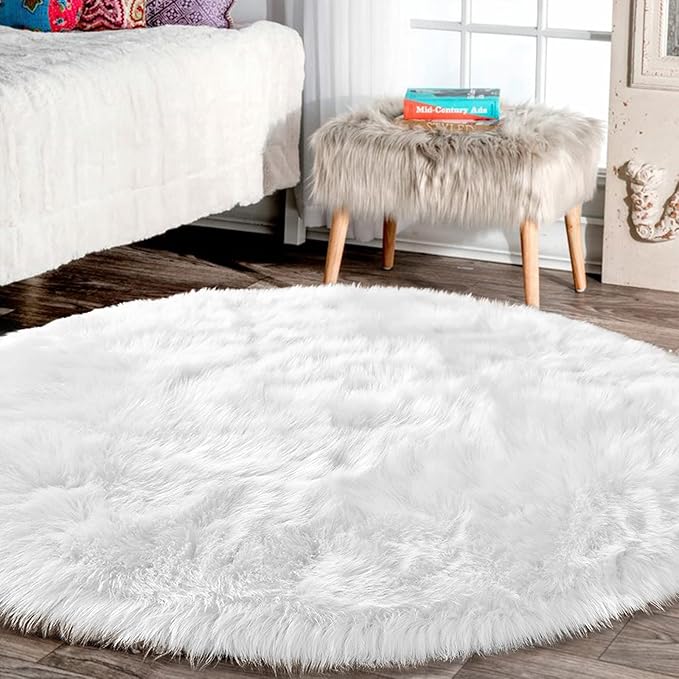 Latepis Round Rugs 8ft White Circle Area Washable Fluffy Rug Faux Fur Soft Sheepskin Plush Shaggy Rug for Living Room Bedroom Large Floor Rugs Home Decor