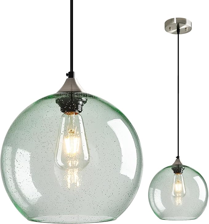 Light Green Glass Pendant Lights Kitchen Island Globe Pendant Light Fixtures Modern Pendant Lighting for Bedroom Living Dining Room Light Fixture (9.84 in, 1 Pack)