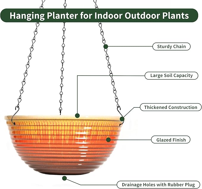 12 inch Large Hanging Planters for Indoor Outdoor Plants, Set of 2 Glazed Hanging Flower Pots with Drainage Hole, Hanging Baskets for Garden Home Porch Decor