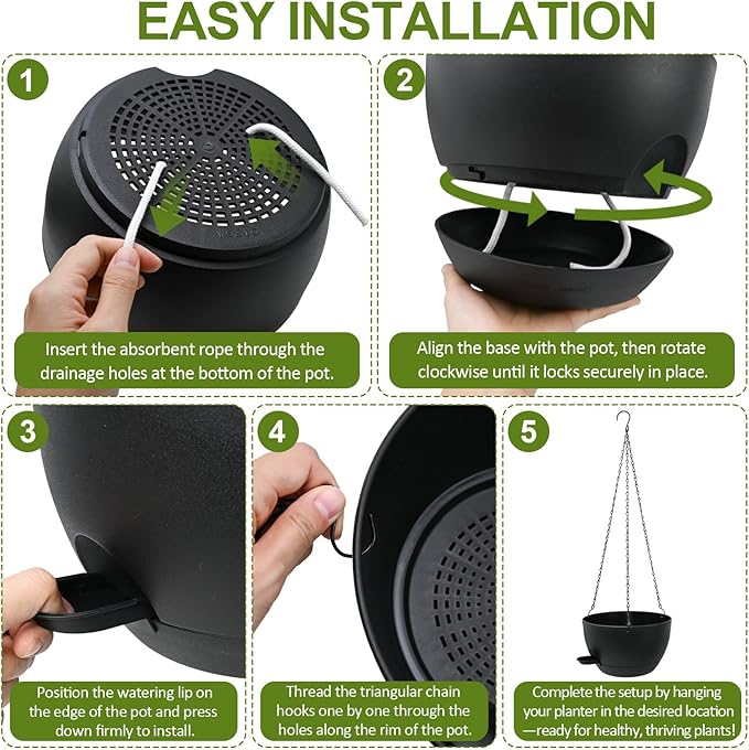 WOUSIWER Self Watering Hanging Planters, 2 Pack 10'' Plastic Pots with Drainage Holes & Reservoir Tray (Black) | Indoor & Outdoor Use for Ferns, Ivy, Herbs, Succulents