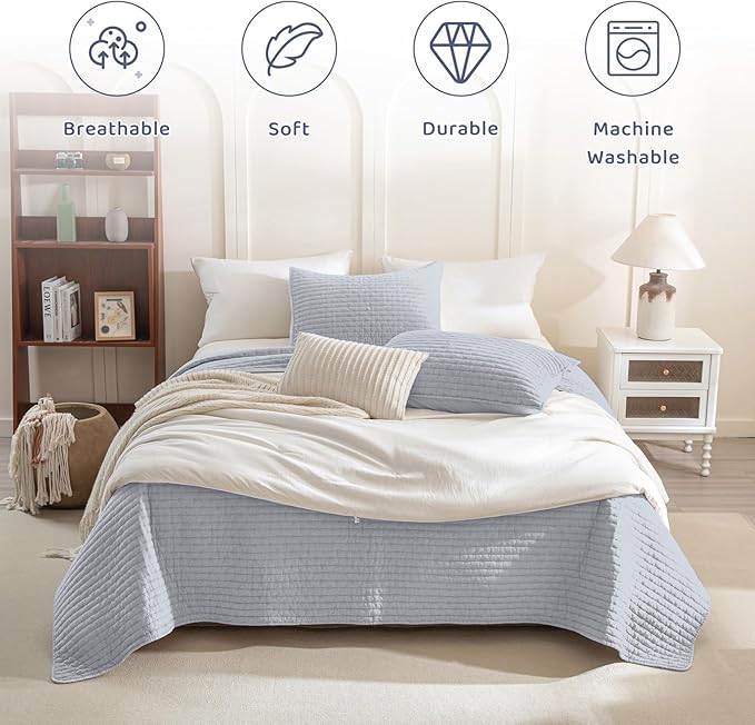 Sanracie Cotton Oversized King Bedspread(128"x120"), Cornflower Blue Soft Stonewashed Extra Large Wide Oversized Quilt Set Cross Stitch Lightweight Crinkle Coverlet Set 3Pcs for All Season