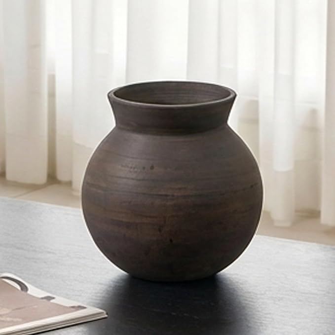 LB2 Brown Ceramic Large Vase, 13" Tall Zen Style vase, Terra Cotta Pitcher, Distressed Farmhouse Decor, Pottery Decorative Flower for Home Decor