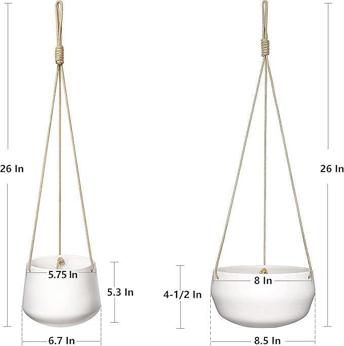 Mkono Ceramic Hanging Planter of Shallow 8 Inch and Deep 6 Inch for Indoor Outdoor Plants, Set of 2 Modern Plant Pot Geometric Porcelain Hanging Basket with Polyester Rope Hanger