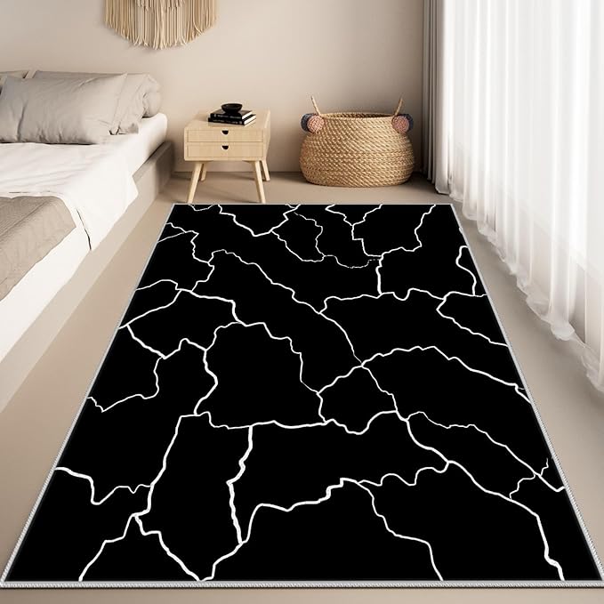 Abstract Rugs for Living Room - Modern Washable Area Rug, 5x7 Abstract Black and White Rug, Minimalist Rugs,Carpet Non Slip Home Decor