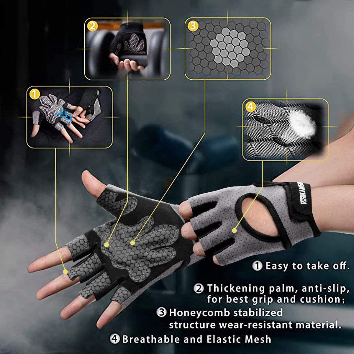 LIFECT Breathable Workout Gloves, Knuckle Weight Lifting Fingerless Gym Exercise Gloves with Curved Open Back, for Powerlifting, Crossfit, Women and Men (Grey, Medium)