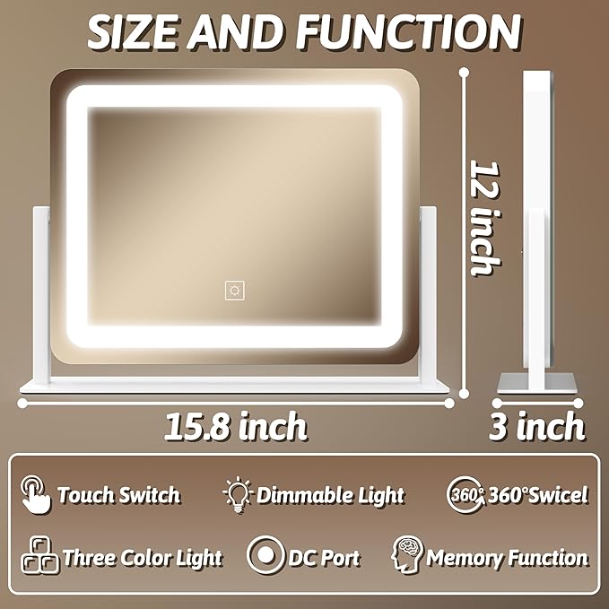 HNV 16"x12" Vanity Mirror with Lights, Hollywood Lighted Makeup Mirror with 10X Magnification, Smart Touch Control, 3 Color Dimmable LED, Square Frame Tabletop or Bathroom Dresser Mount (White)