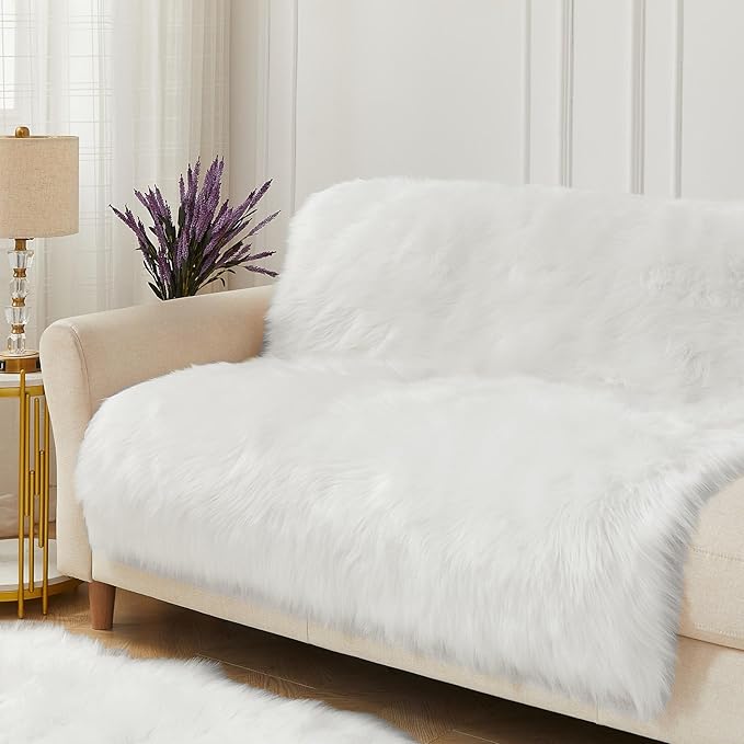 AMTOVO Faux Fur Sheepskin Rug for Living Room, 4 x 6 ft White Fluffy Area Rug for Bedroom, Playroom, Luxury Room Decor, Rectangle