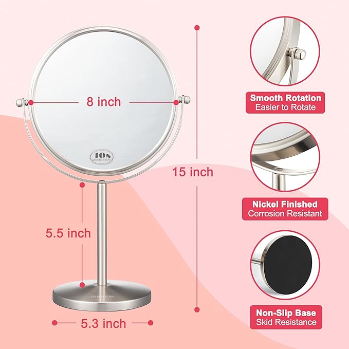 ALHAKIN 10x Magnifying Makeup Mirror, 8 Inch Tabletop Mirror with 1X/10X Magnification Double Sided, Standing Bathroom Makeup Mirror for Desk, Nickel