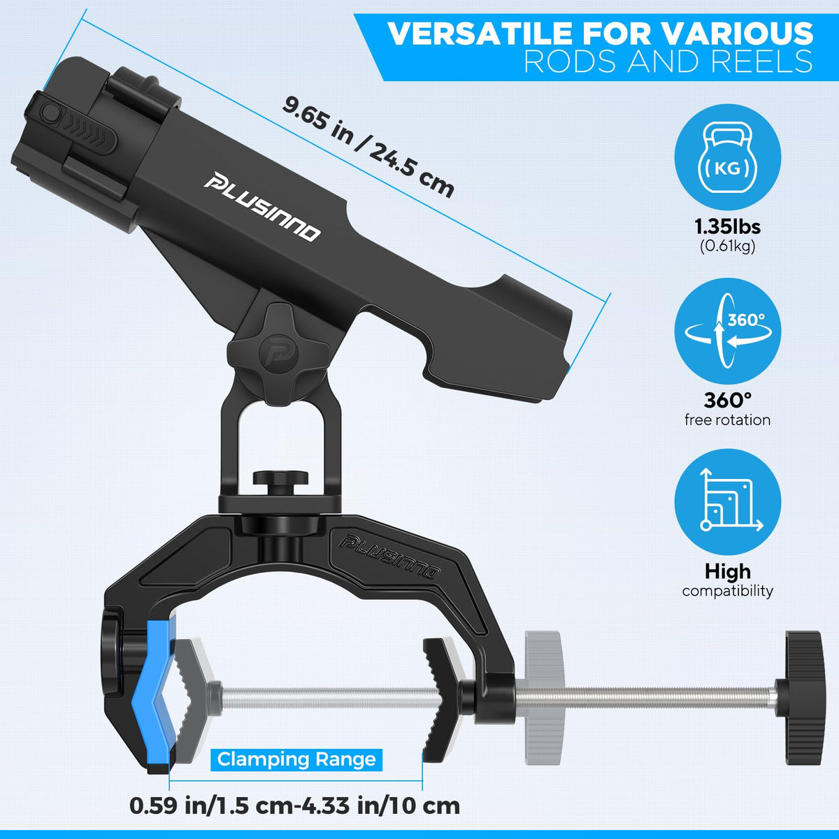 PLUSINNO 1 Pack Fishing Rod Holders for Boat, Upgraded Fishing Rod Holder with Enlarge Clamp, Innovative Dual-V Shaped Design, Fit Round/Square Tube Boat Fishing, Fishing Gear, Gifts for Men
