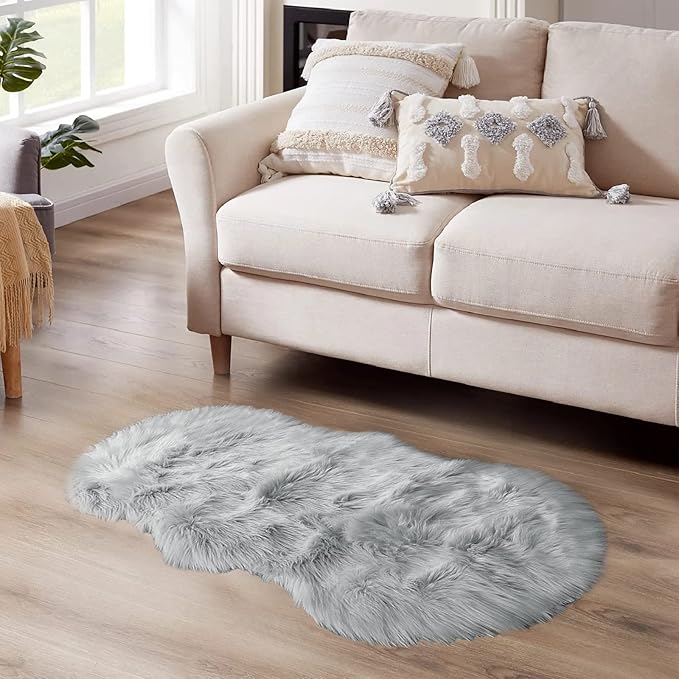 Latepis Faux Sheepskin Fur Rug 2x4 Feet Light Grey Fluffy Rugs Shag Furry Rug Small Area Rugs Carpet for Bedroom Living Room, Cushion