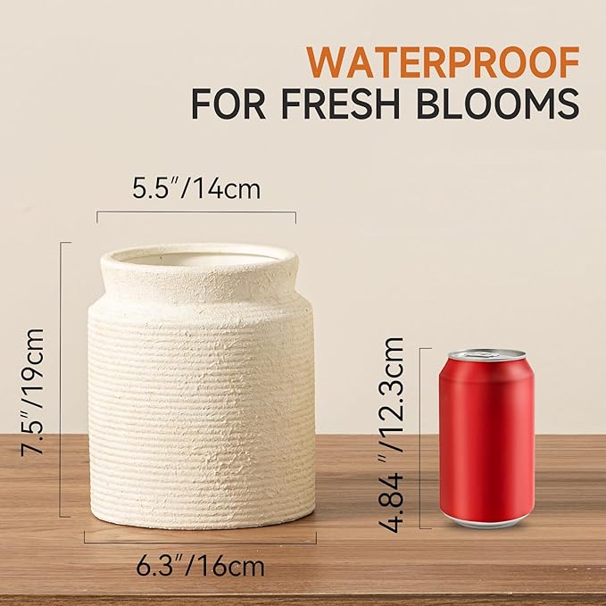 Ceramic Flower Vase 7.5 inch Farmhouse Rustic Vase for Home Decor Handcrafted Pottery Terracotta Vases for Dining Table Decor Fireplace Living Room Bathroom Wedding Centerpiece (01-White)