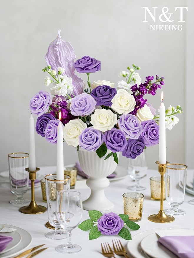 N&T NIETING Artificial Flowers 50Pcs Fake Foam Rose Purple Flowers with Stems Lavender for DIY Wedding Bridesmaid Bridal Bouquets Centerpieces Party Home Decoration(Series Purple)