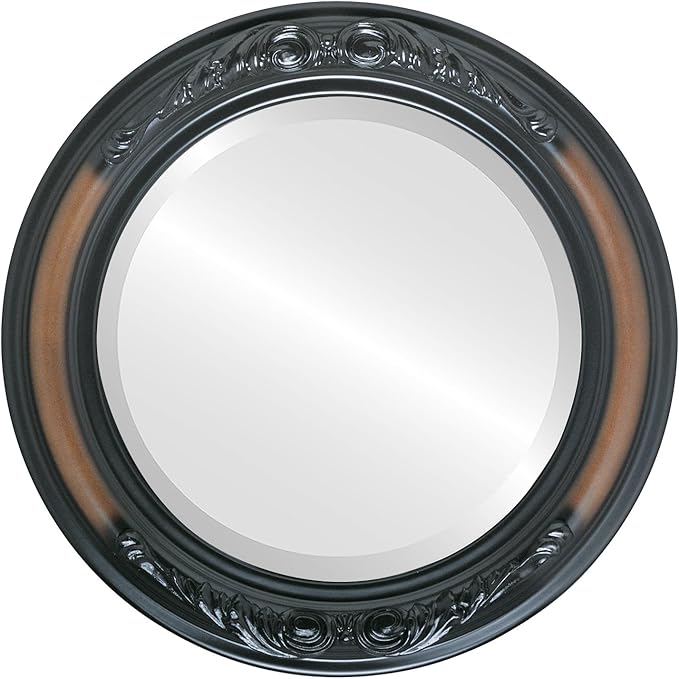 OVALCREST Round Beveled Wall Mirror for Home Decor - Florence Style - Walnut - 22x22 Outside Dimensions