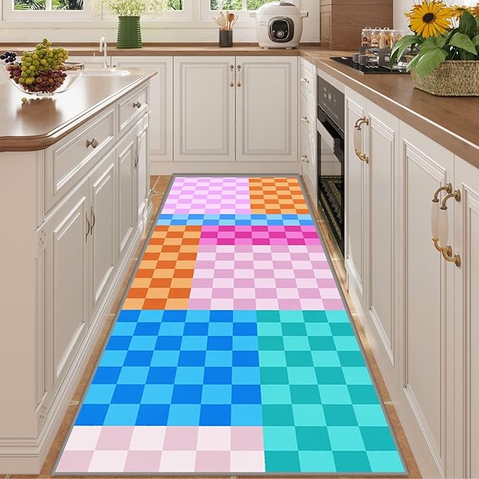 Multicolored Checkerboard Grid Runner for Entryway, 3.3x7ft, Boho Colorful Checkered Pattern Kids Playing Mat, Cozy Soft Absorbent Reduce Noise Rugs, Durable Washable Carpet for Family