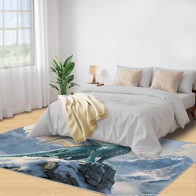 Dragon Area Rug 3x4 Washable Rug Fantasy Animals Rugs for Living Room Winter Landscape Non Slip Carpet Floral Print Mat Bedroom Bathroom