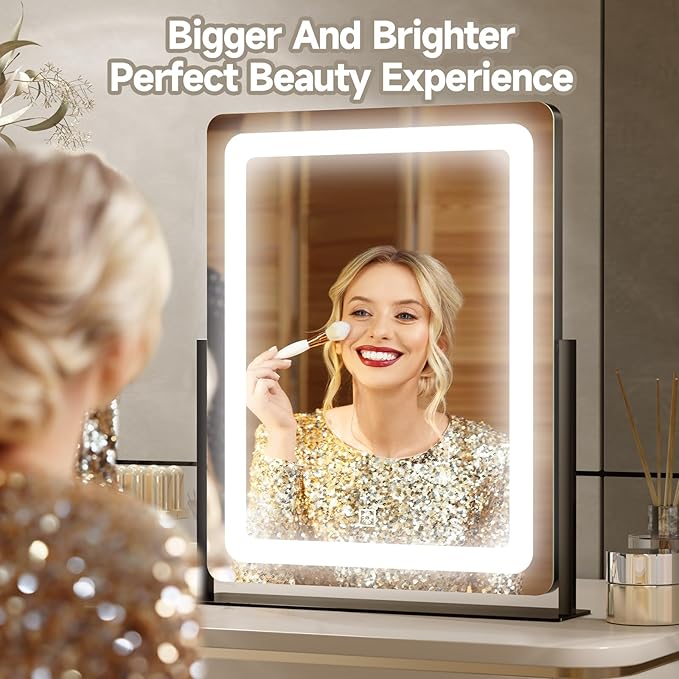 PRIMETEK Vanity Mirror with Lights, 19"x22" Large Makeup Mirror with Lights, LED Lighted Makeup Mirror, Touch Screen with 3-Color Lighting, Dimmable for Vanity Desk Tabletop, Bedroom, Black