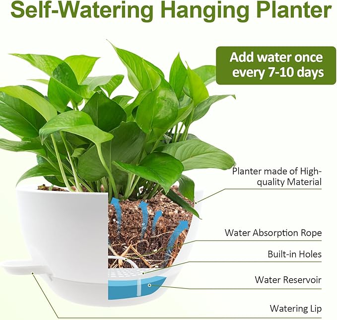 WOUSIWER Self Watering Hanging Planters, 2 Pack 10'' Plastic Pots with Drainage Holes & Reservoir Tray (White) | Indoor & Outdoor Use for Ferns, Ivy, Herbs, Succulents