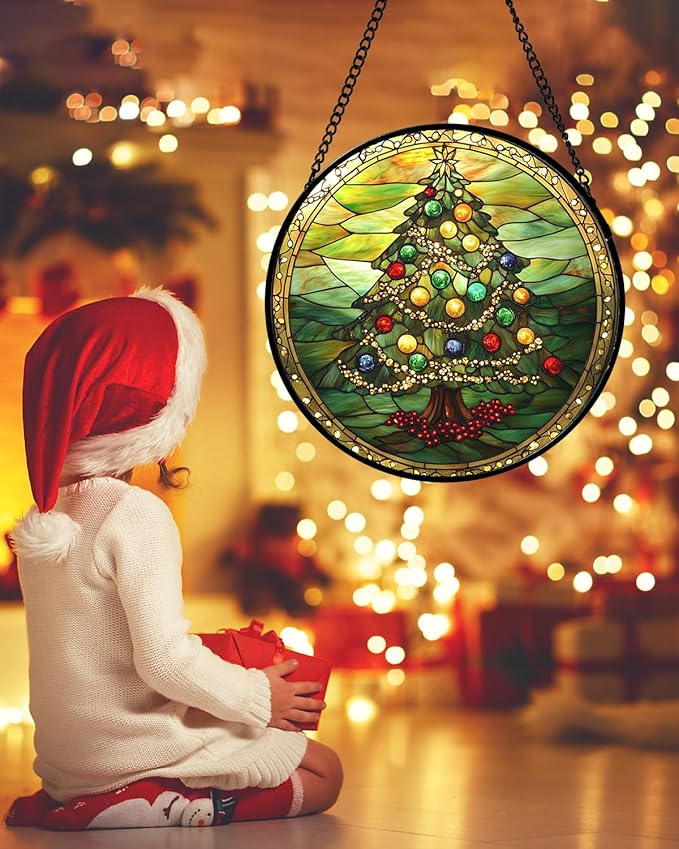 Stained Glass Window Hanging - Green Christmas Tree Gold Ribbon Suncatcher for Doors Home Christmas Decoration Sun Catcher Thanksgiving New Year Birthday Gifts for Women Men Mom Nana 9.8 in