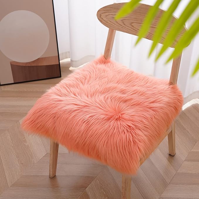 Softlife Square Faux Fur Sheepskin Chair Cover Seat Cushion Pad Super Soft Area Rugs for Living Bedroom Sofa (1.6ft x 1.6ft, Coral) 1 pack