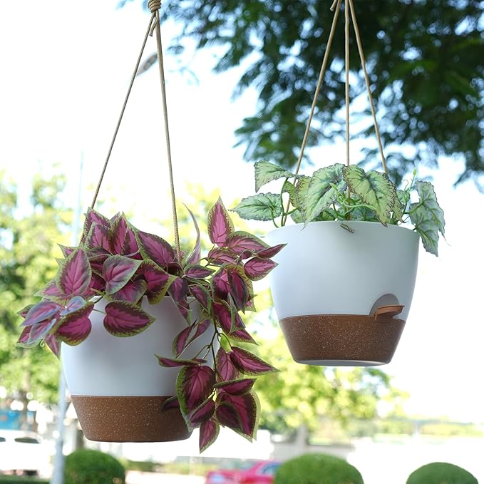 10 Inch Self Watering Hanging Pots, 2 Pack Hanging Planters with 40oZ Deep Reservior for Indoor Outdoor Plants Flowers, White with Brown