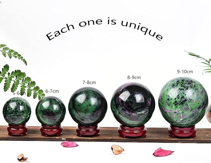 JIC Gem Natural Quartz Crystal Ball Ruby Zoisite Gemstone Sphere with Decoative Stand Red&Green Treasure Healing Crystal Ball for Meditation Grid Decor (80-90mm)